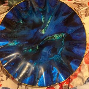 Blue Green Iridescent Enameled Goat Skin Bowl From Mexico Vintage 1960s - 1970s